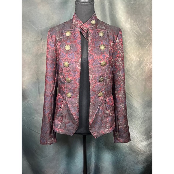 Free People Jackets & Blazers - Free People Burgundy Floral Brocade Military Blazer Jacket Metallic Crest Medium